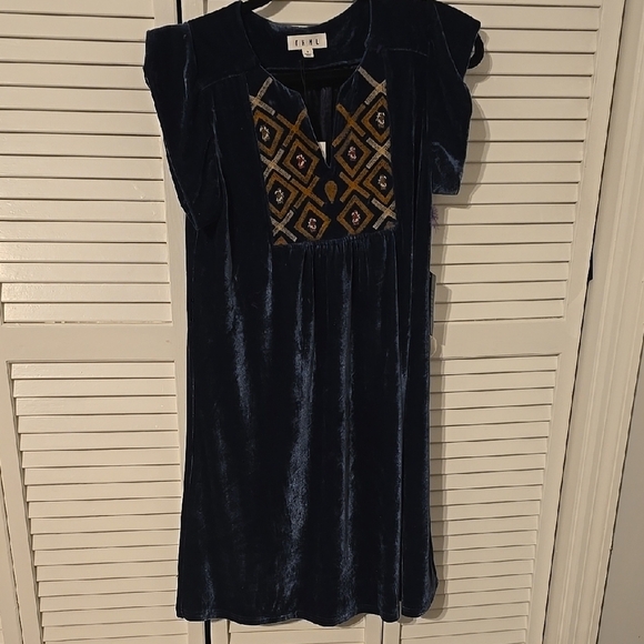 THML Dresses & Skirts - THML Velvet Embroidered Dress NWT | Blue & Gold Flutter Sleeve Holiday Style S